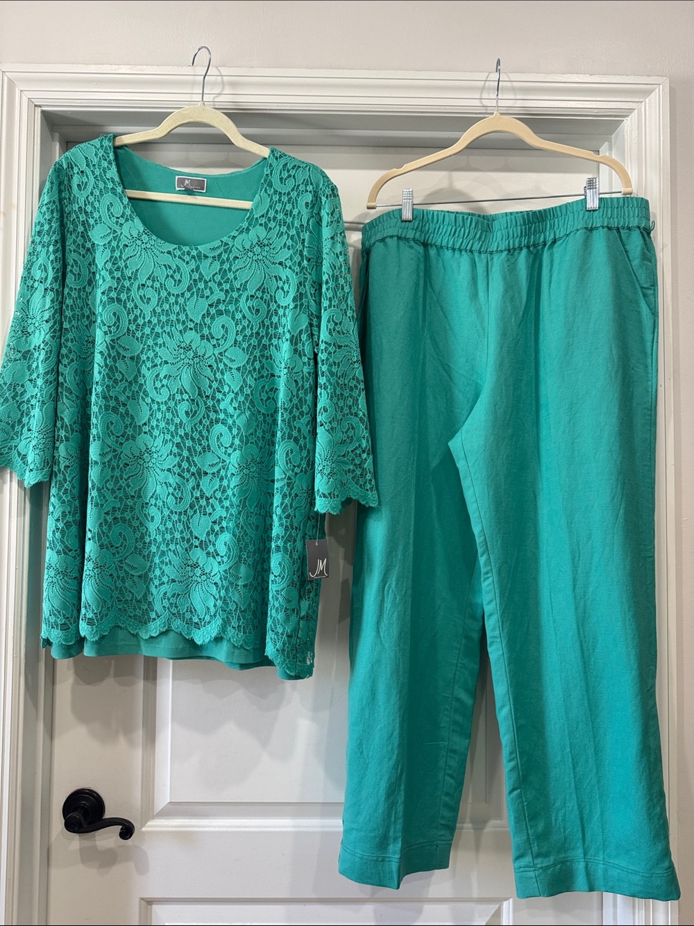 JM Collection Teal Lace Tunic and Elastic Waist Pants Set